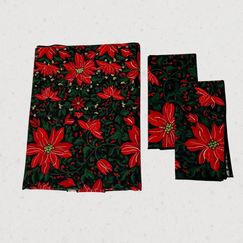 Vera Neumann Signed Vtg Tablecloth 2 Napkins Set Black Red Poinsettia MCM 49x52